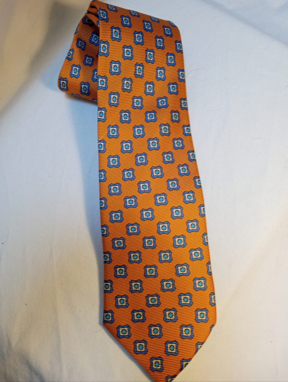 Fairclough Co. England SilkOrange Tie with Blue Geometric Medallions
